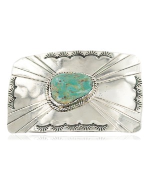 Certified Authentic Handmade Navajo Nickel Natural Turquoise Native American Buckle 1211