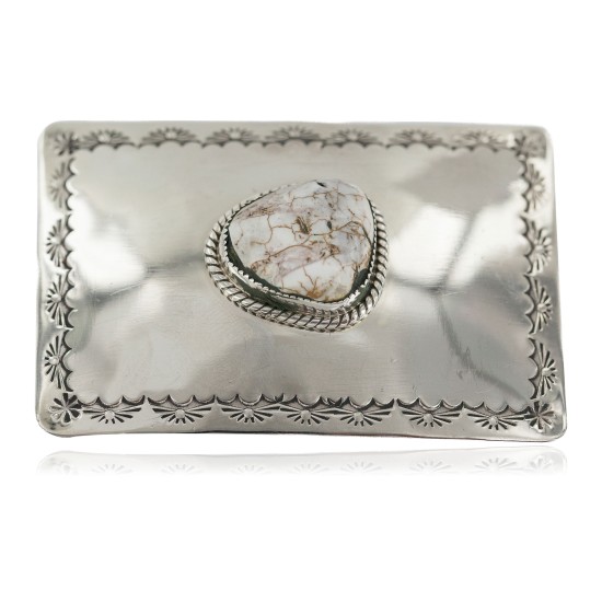 Certified Authentic Handmade Navajo Nickel Natural White Buffalo Native American Buckle 1217-1