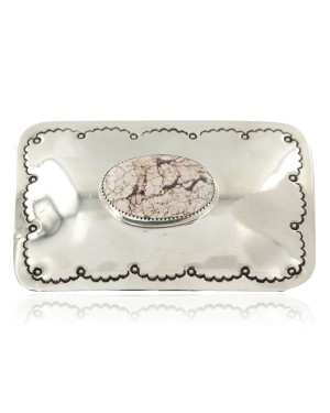 Certified Authentic Handmade Navajo Nickel White Howlite Native American Buckle 1208-1