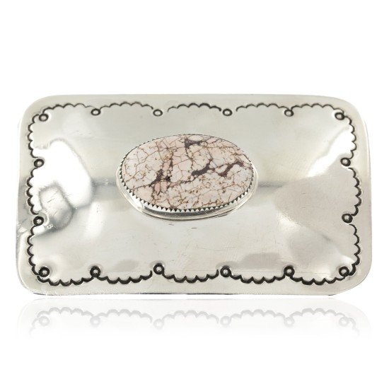 Certified Authentic Handmade Navajo Nickel White Howlite Native American Buckle 1208-1