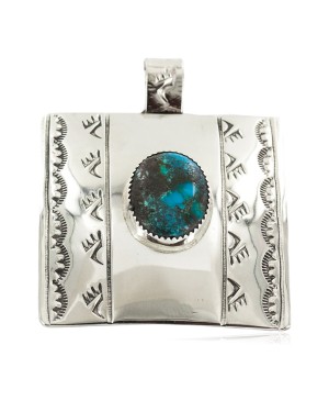 Certified Authentic Handmade Nickel Bear Paw Nickel Navajo Natural Turquoise Native American Pendant 13071-2