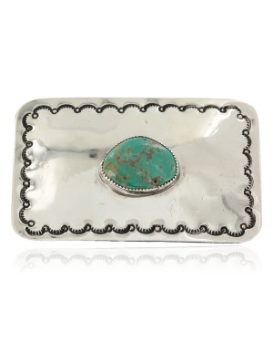 Certified Authentic Handmade Nickel Navajo Natural Turquoise Native American Buckle 1207-11