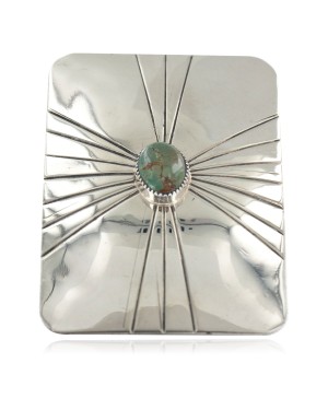 Certified Authentic Handmade Nickel Navajo Natural Turquoise Native American Buckle  12959-1
