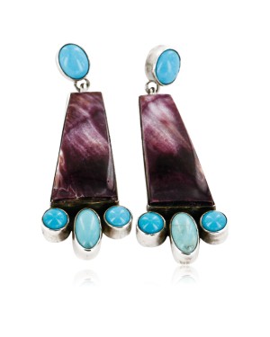 Certified Authentic Handmade Signed Navajo .925 Sterling Silver Native American Earrings Natural Turquoise Spiny Oyster Dangle Earrings 17901