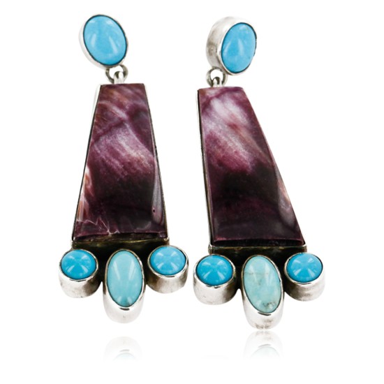Certified Authentic Handmade Signed Navajo .925 Sterling Silver Native American Earrings Natural Turquoise Spiny Oyster Dangle Earrings 17901 Certified Authentic Handmade Signed Navajo .925 Sterling Silver Native American Earrings Natural Turquoise Spiny Oyster Dangle Earrings 17901