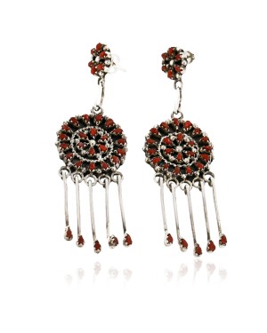 Certified Authentic Handmade Signed Zuni .925 Sterling Silver Dangle Native American Earrings Natural Coral 17954