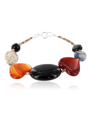 Certified Authentic HEART Navajo .925 Sterling Silver Natural Turquois, Lapis, Black Onyx and Quartz Native American Bracelet 370998104309