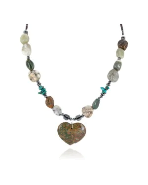 Heart Navajo .925 Sterling Silver Natural Turquoise Green Jasper Hematite Native American Necklace 16090-4