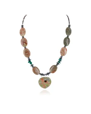 Heart Navajo .925 Sterling Silver Natural Turquoise Green Jasper Hematite Native American Necklace 16092-7