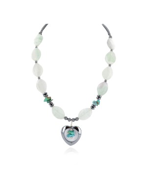 Certified Authentic Heart Navajo .925 Sterling Silver Natural Turquoise Hematite Green Quartz Native American Necklace 25293