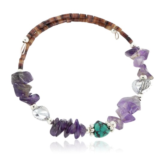 Certified Authentic Heart Navajo Natural Turquoise Amethyst Heishi Adjustable Wrap Native American Bracelet 13049-15