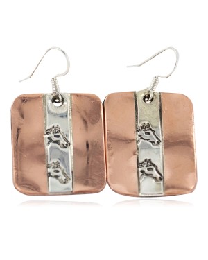 Certified Authentic Horse Head Handmade .925 Sterling Silver Navajo Native American Pure Copper Dangle Earrings 18249-6