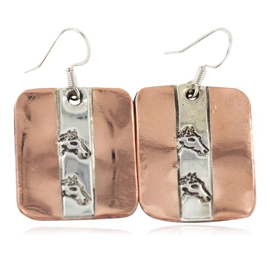 Certified Authentic Horse Head Handmade .925 Sterling Silver Navajo Native American Pure Copper Dangle Earrings 18249-6