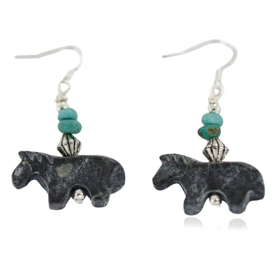 Certified Authentic Horse Navajo .925 Sterling Silver Hooks Natural Turquoise and Jasper Dangle Native American Earrings 97002-15