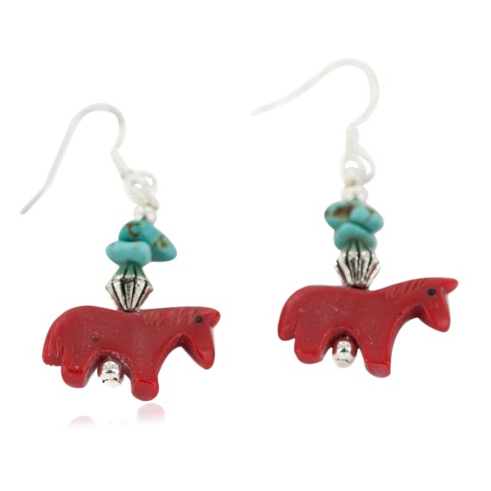 Certified Authentic Horse Navajo .925 Sterling Silver Hooks Natural Turquoise Resin Dangle Native American Earrings  97002-1