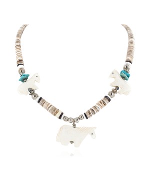 Certified Authentic Horse Navajo .925 Sterling Silver Natural Turquoise Alabaster Graduated Melon Shell Native American Necklace 750133