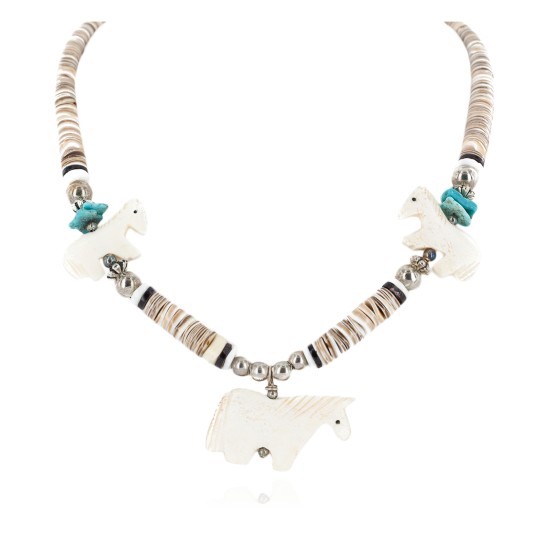 Certified Authentic Horse Navajo .925 Sterling Silver Natural Turquoise Alabaster Graduated Melon Shell Native American Necklace 750133