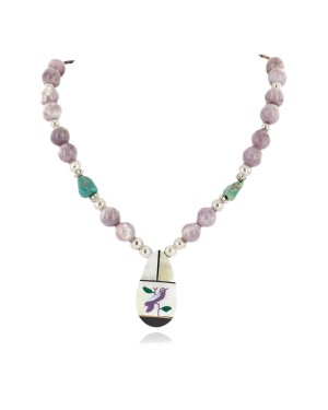 Certified Authentic Inlay Bird Navajo .925 Sterling Silver Natural Turquoise Agate Native American Necklace 15601