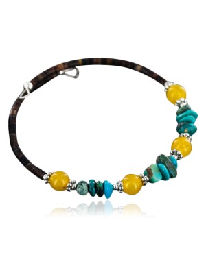 Certified Authentic Navajo .925 Natural Turquoise and Yellow Agate Native American Bracelet 12723