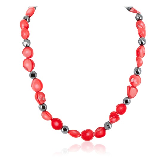 Certified Authentic Navajo .925 Sterling Silver Coral Hematite Native American Necklace 25215-104