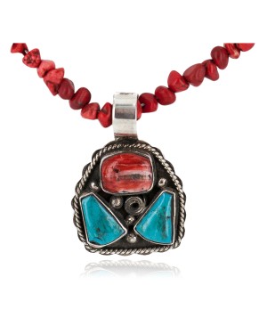 Certified Authentic Navajo .925 Sterling Silver Coral Natural Spiny Oyster Turquoise Heishi Native American Necklace 27230-18205-10