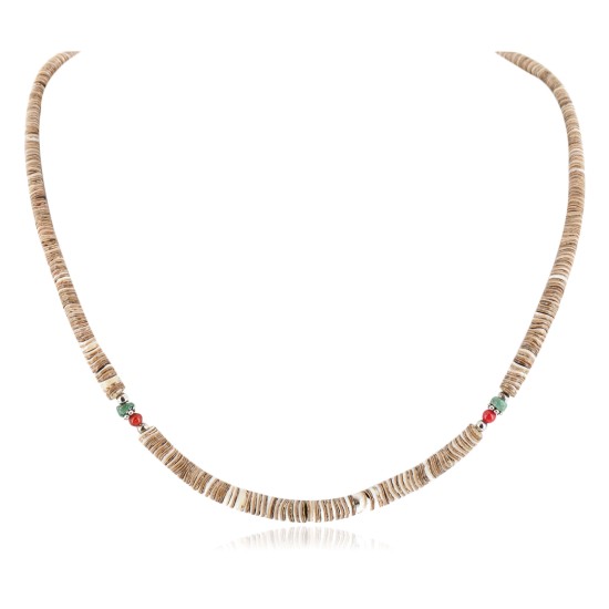 Certified Authentic Navajo .925 Sterling Silver Coral Natural Turquoise and Graduated Heishi Native American Necklace 25231-7