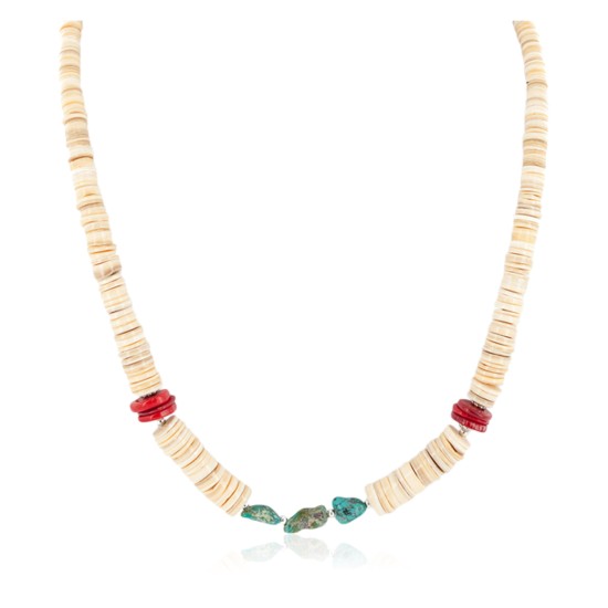 Certified Authentic Navajo .925 Sterling Silver Coral Natural Turquoise Graduated Melon Shell Native American Necklace  25289-5