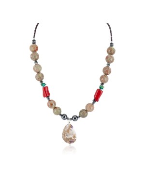 Certified Authentic Navajo .925 Sterling Silver Coral Natural Turquoise Jasper Hematite Native American Necklace 16090-6