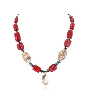 Certified Authentic Navajo .925 Sterling Silver Coral White Howlite Hematite Native American Necklace 16095