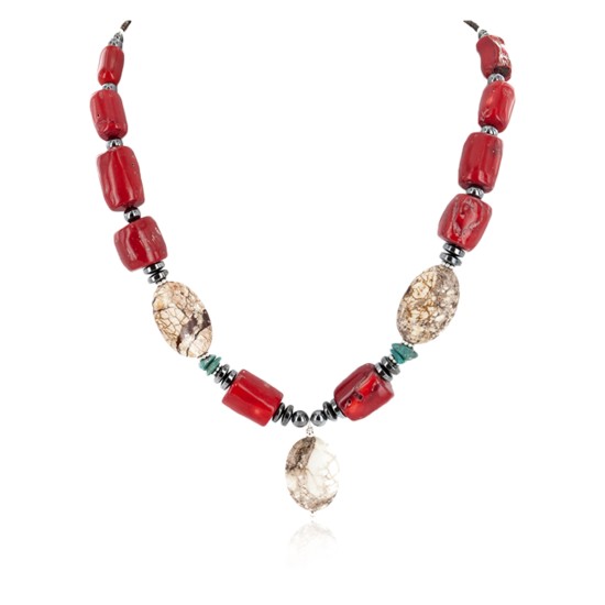 Certified Authentic Navajo .925 Sterling Silver Coral White Howlite Hematite Native American Necklace 16095