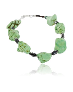 Certified Authentic Navajo .925 Sterling Silver Gaspeiete, Hematite and Turquoise Native American Bracelet 390750455055