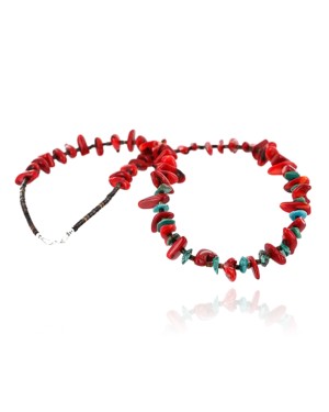 Certified Authentic Navajo .925 Sterling Silver Graduated Coral and Turquoise Native American Necklace 15837-4