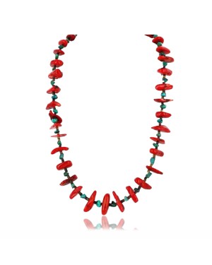 Certified Authentic Navajo .925 Sterling Silver Graduated Coral Turquoise Native American Necklace 15825-2
