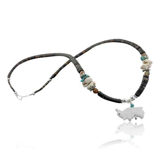 Certified Authentic Navajo .925 Sterling Silver Graduated Heishi Agate Native American Necklace 752100-7