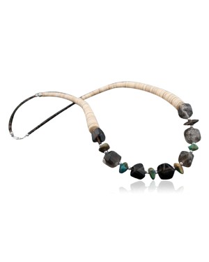 Certified Authentic Navajo .925 Sterling Silver Graduated Heishi, Smokey Quartz and Turquoise Native American Necklace 390590582543
