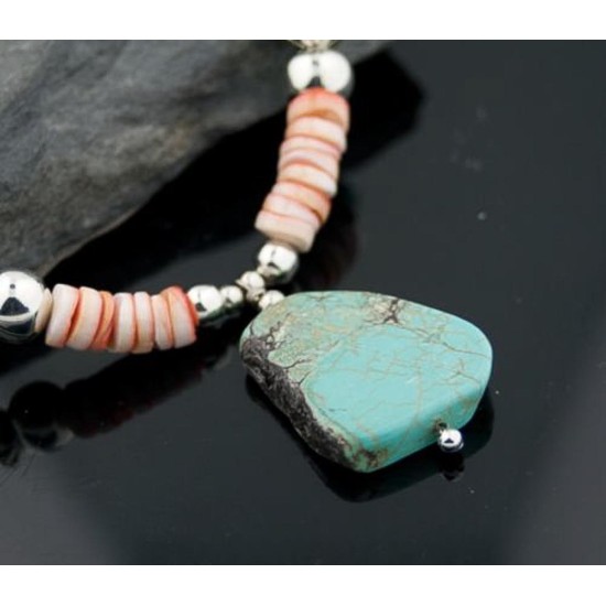 Certified Authentic Navajo .925 Sterling Silver Graduated Heishi, Spiny Oyster and Magnesite Native American Necklace 370794110267