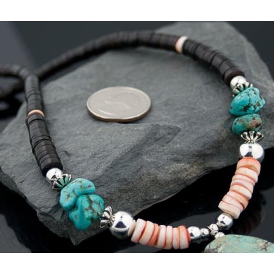 Certified Authentic Navajo .925 Sterling Silver Graduated Heishi, Spiny Oyster and Magnesite Native American Necklace 370794110267