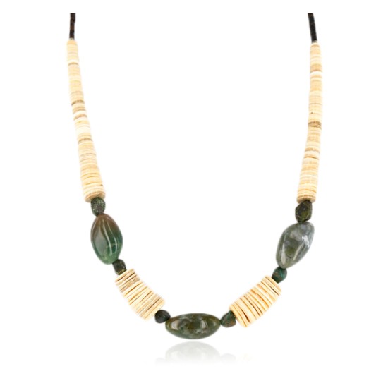 Certified Authentic Navajo .925 Sterling Silver Graduated Melon Shell Agate and Turquoise Native American Necklace 25249-1