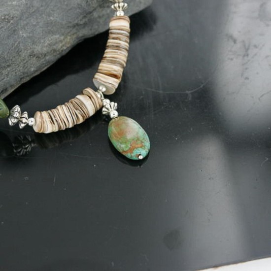 Certified Authentic Navajo .925 Sterling Silver Graduated Melon Shell and AJAX and TURQUOISE MOUNTAIN Native American Necklace 18108-6