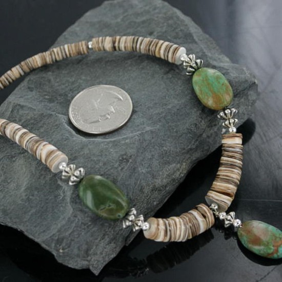 Certified Authentic Navajo .925 Sterling Silver Graduated Melon Shell and AJAX and TURQUOISE MOUNTAIN Native American Necklace 18108-6