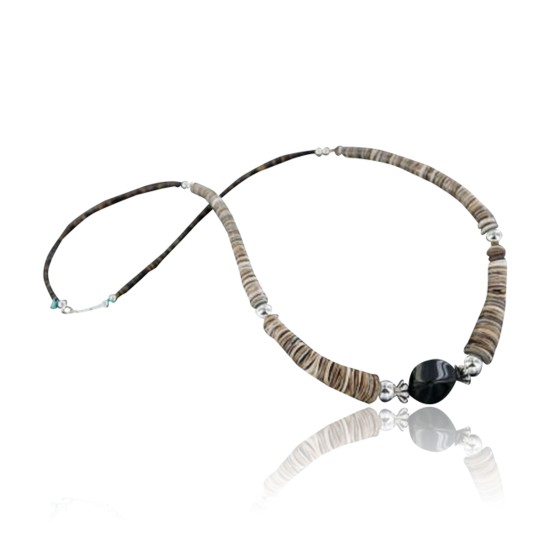 Certified Authentic Navajo .925 Sterling Silver Graduated Melon Shell and Black Onyx Turquoise Native American Necklace 15554-14