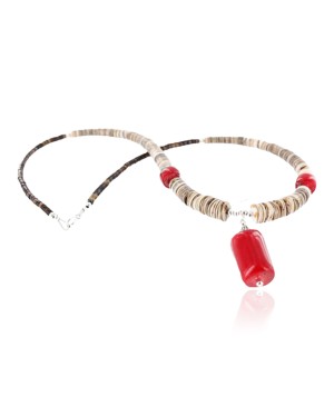 Certified Authentic Navajo .925 Sterling Silver Graduated Melon Shell and Coral Turquoise Native American Necklace 15778-30