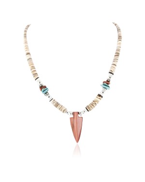 Certified Authentic Navajo .925 Sterling Silver Graduated Melon Shell and Goldstone Native American Arrowhead Necklace 371049299723