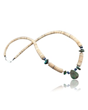 Certified Authentic Navajo .925 Sterling Silver Graduated Melon Shell and Green Turquoise Native American Necklace 15778-15-0