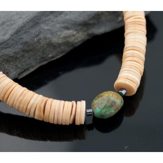 Certified Authentic Navajo .925 Sterling Silver Graduated Melon Shell and Heishi Natural Turquoise Native American Necklace 7501006-22