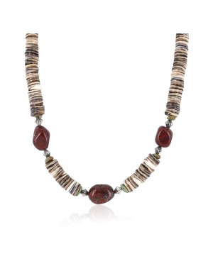 Certified Authentic Navajo .925 Sterling Silver Graduated Melon Shell and Jasper Turquoise Native American Necklace 15890-7
