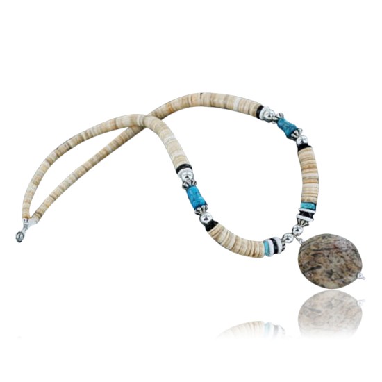 Certified Authentic Navajo .925 Sterling Silver Graduated Melon Shell and Jasper Turquoise Native American Necklace 370898965382