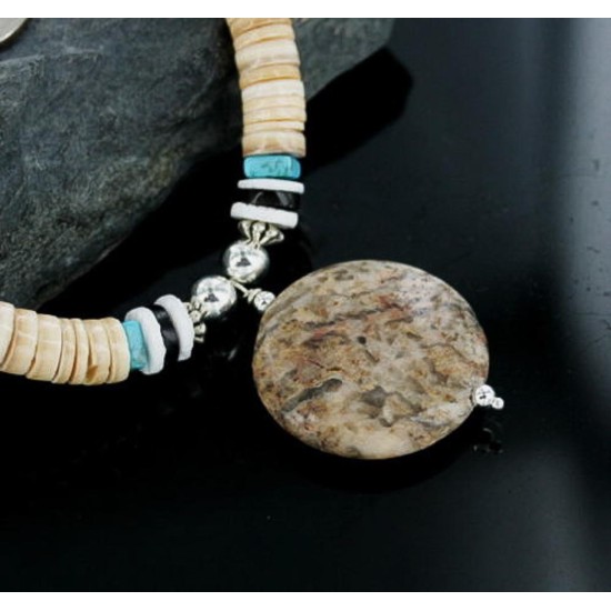 Certified Authentic Navajo .925 Sterling Silver Graduated Melon Shell and Jasper Turquoise Native American Necklace 370898965382