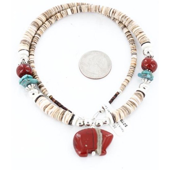 Certified Authentic Navajo .925 Sterling Silver Graduated Melon Shell and Jasper Turquoise Native American Necklace 390828052729