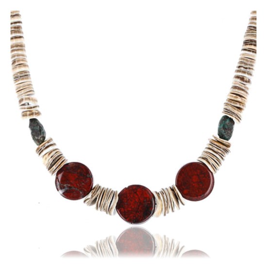 Certified Authentic Navajo .925 Sterling Silver Graduated Melon Shell and Jasper Turquoise Native American Necklace 750113-11